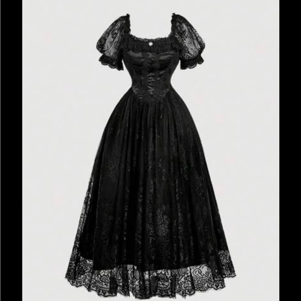 Black Lace Victorian Vintage-Inspired Puff Sleeve ball gown Dress Size XS